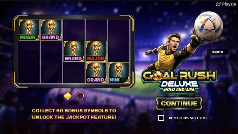 Goal Rush Deluxe - เมนูหลักพร้อมวงล้อและอัฒจันทร์สนามกีฬา